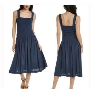 Nation Smocked Midi Dress Blue Pima Cotton Sleeveless Minimalist Size M